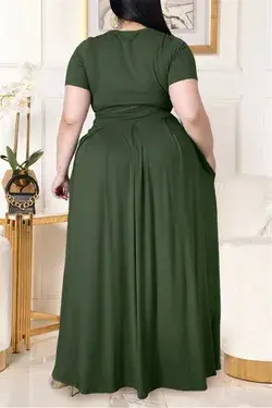 Fashion Casual Solid Basic O Neck Plus Size Two Pieces - Green / 5XL
