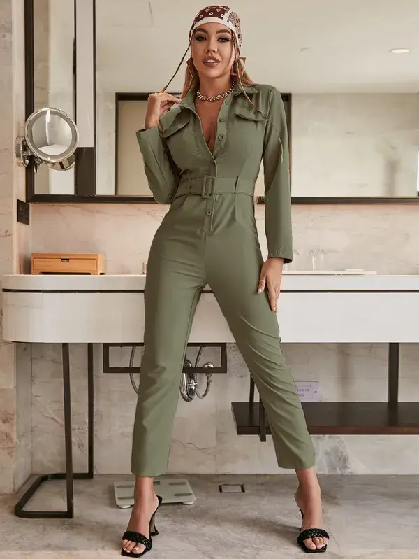 Flap Detail Belted Shirt Jumpsuit