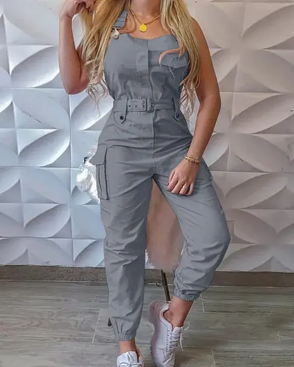 Strap Jumpsuit Women Loose Dungarees Long Rompers Summer Solid Pocket Cargo Pant.