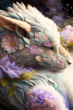 Fantastic cute fluffy dragon in flowers