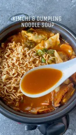 Kimchi Noodle Soup with Dumplings