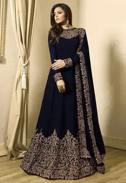 Embroidered Georgette Abaya Style Suit in Navy Blue