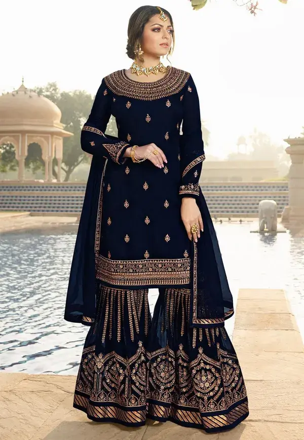 Embroidered Georgette Pakistani Suit in Navy Blue