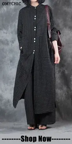 Women black stand collar linen long shirt and casual wide leg pants