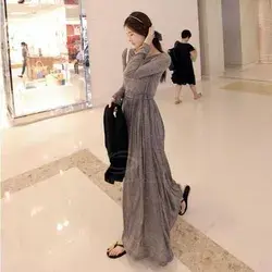 Bohemian Narrow Waist Long Sleeve Maxi Dress Long Dress - Black / One Size