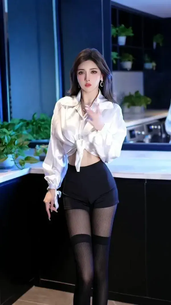 White Silky Long Sleeve with Black Shorts & Stockings
