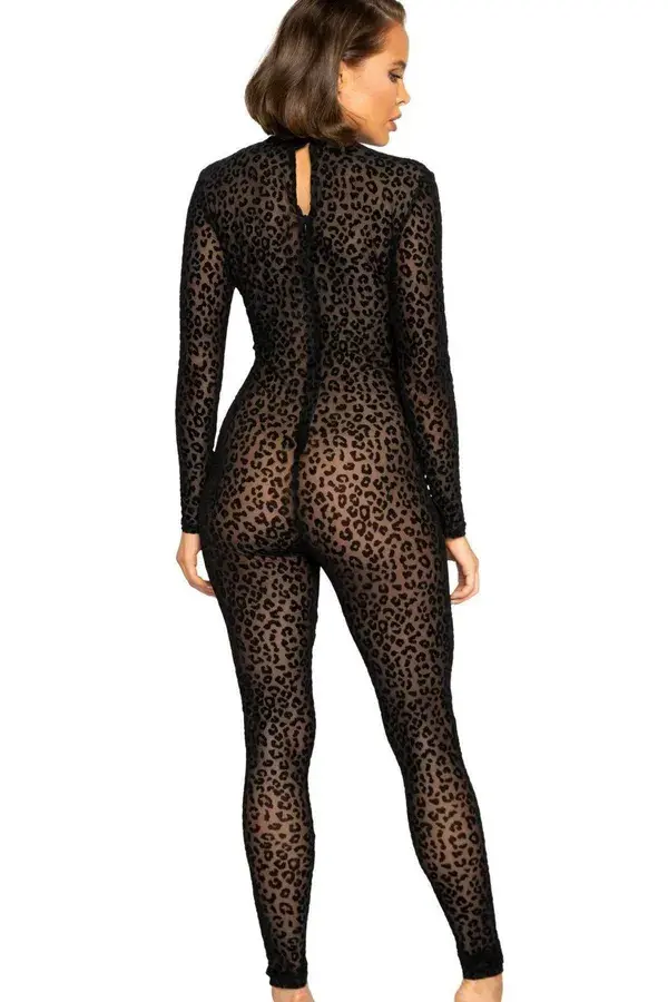 Velvet Leopard Bodystocking - Black / L