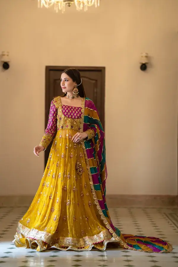 Lehenga Frock Yellow Bridal Dress Pakistani for Mehndi - MEDIUM