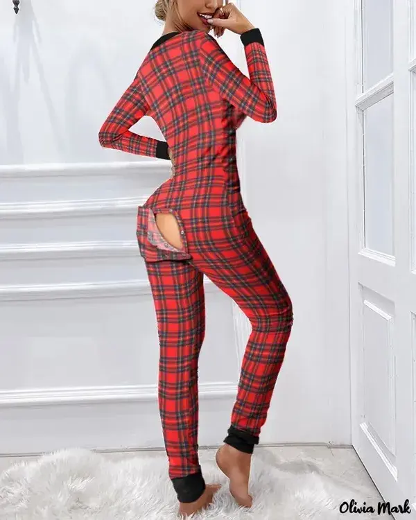 Olivia Mark - Adult Plaid Functional Button Flap Pajamas - red / XL