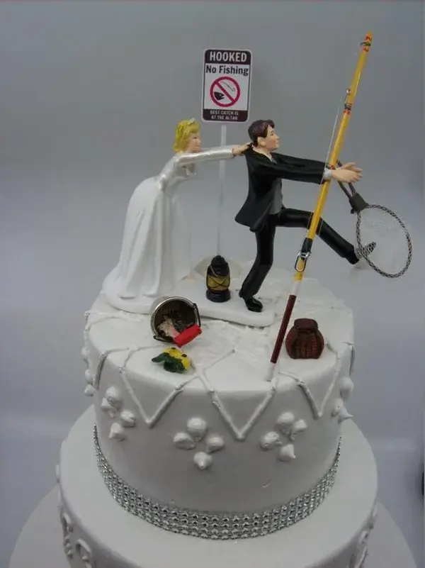 No FISHING Come back ! Funny Wedding Cake Topper Bride and Groom Angler Best Catch Fisherman Simple