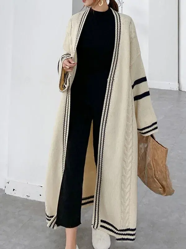 Urban Loose Contrast Color Striped Cardigan Coat APRICOT-FREE SIZE