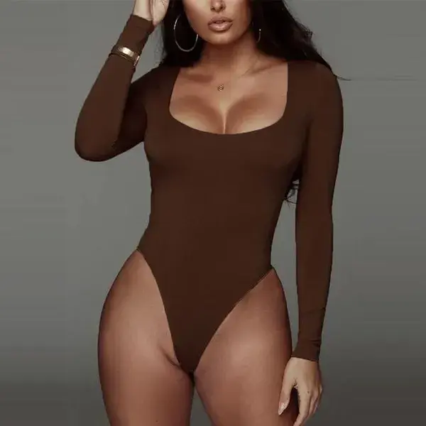 Open Neck Long Sleeve Bodysuit - Brown / S