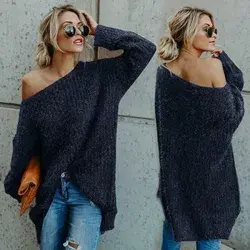 Sexy off-the-shoulder plush solid sweater - S / Blue
