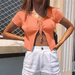 Summer Solid Sexy Ribbed Crop Top Ladies Lace Up Holiday Tank Short Sleeve O Neck Party Women Cardigan Shirt - Orange / S