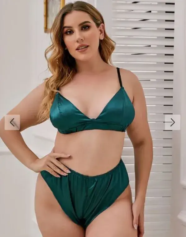 Plus Size Satin Bra Set - Deep Green