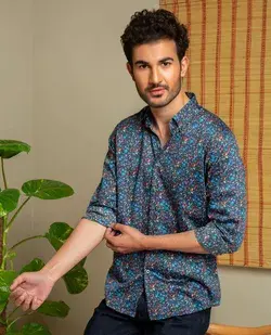 Funky & stylish navy printed shirt with an all-over floral printed pattern