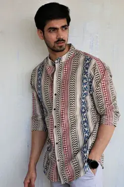 IVORY BLOCK-PRINTED MEN'S SHIRT