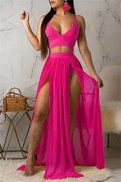 Fashion Sexy Solid Split Joint Backless Spaghetti Strap Sleeveless Two Pieces - Rose Red / XL