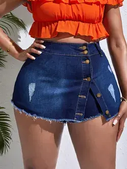 Plus Ripped Raw Cut Denim Skort