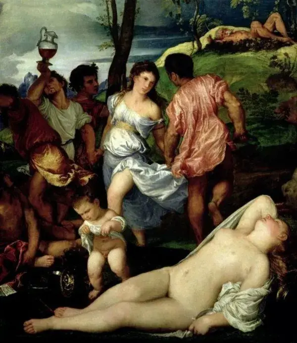 Poster The Andrians, C.1523-4, Kunstdruck von Titian