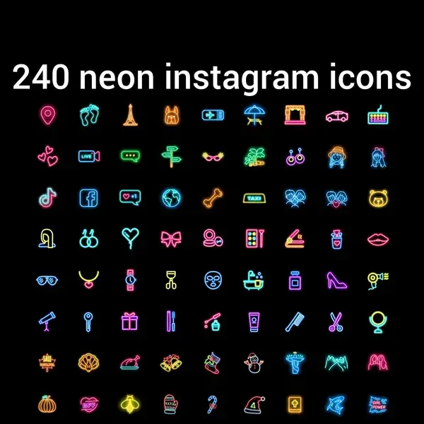 240 neon highlight instagram icons. Beautiful social media icons. Digital download.