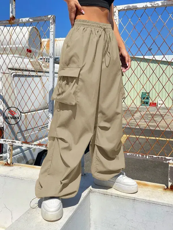 DENGSS  Flap Pocket Side Drawstring Waist Cargo Pants