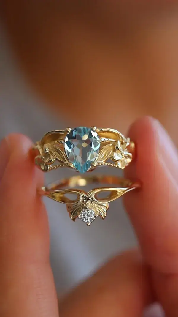 Aquamarine bridal ring set, art nouveau ring / Eloise | Eden Garden Jewelry™