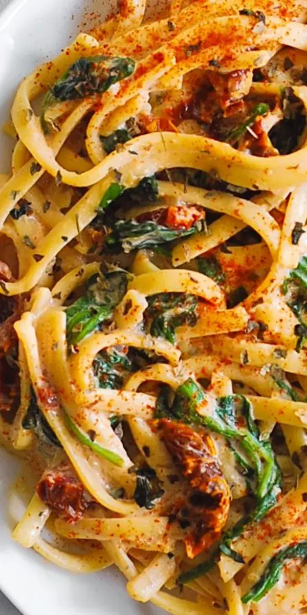 Italian Linguine with Spinach and Sun-Dried Tomato Cream Sauce