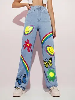 High Waist Cartoon Graphic Boyfriend Leg Jeans