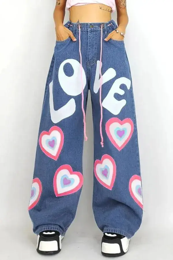 'Funky Love' Oversized Graffiti Wide Leg Pants - m / denim