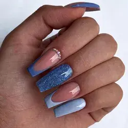 Glitter Blue Nail Art Fashion Style 1 With French Long Nail Art