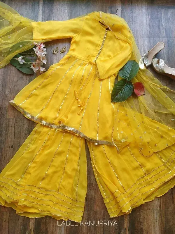 Yellow Georgette gota patti full stitched sharara suit