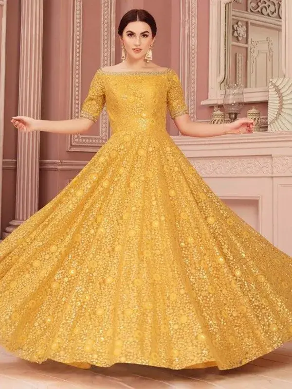 Mustard Yellow Designer Wear Gown For party|Shop Online  