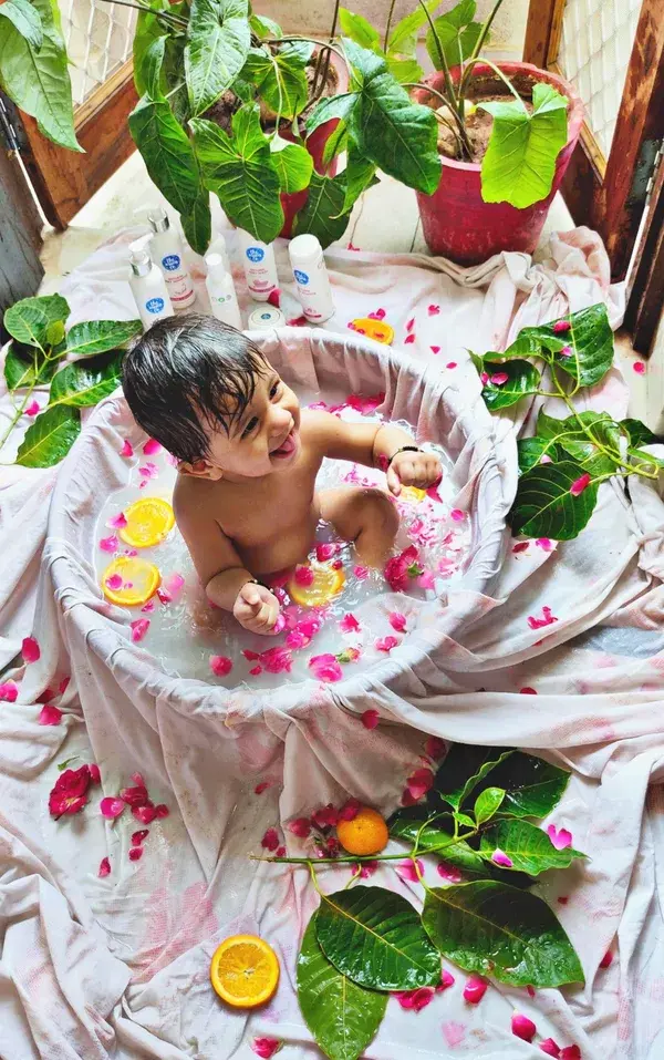 Baby milk and fruit bath photoshoot shoot