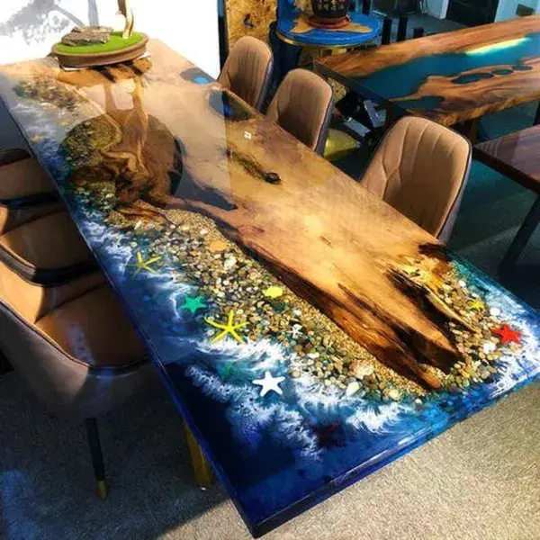 Ocean resin table,ocean epoxy resin,epoxy river table,resin ocean dining table,walnut epoxy table