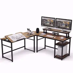 L-Shaped Computer Desk with Monitor Stand Riser, Study Writing Workstation Drafting Table