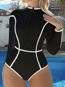 Contrast Binding Zipper Front One Piece Swimsuit