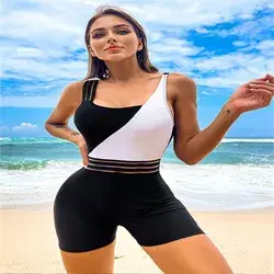 Women's Fashion Design One-piece Swimsuit with Flat Angle Pants Color Matching Tight-fitting and Conservative - Black/White / XL