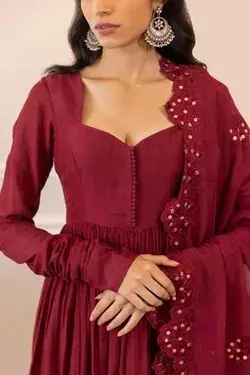 Paulmi and Harsh Gathered Sleeve Anarkali Set | Maroon, Cotton Silk, Sweetheart, Full