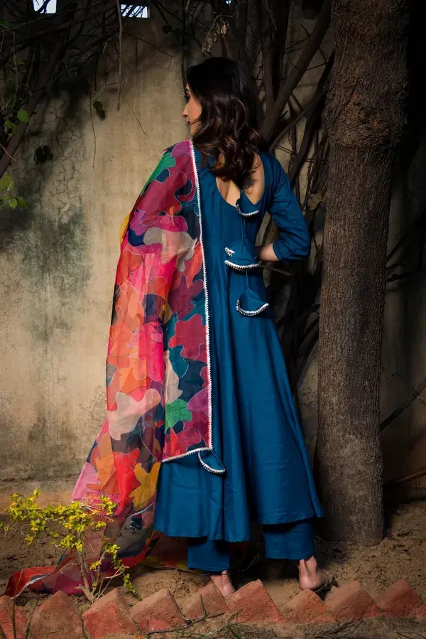 Women Blue Rayon Pomcha jaipur Anarkali suit Designer All sizes are available . Buy Now