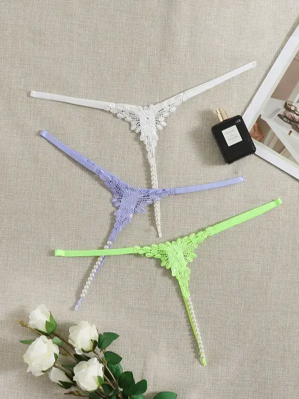 3pcs Contrast Guipure Lace Pearl Beaded Thong