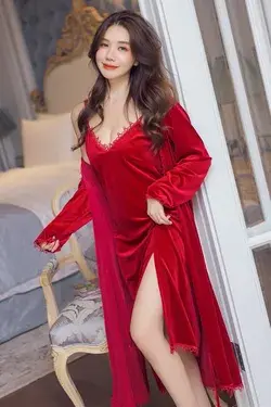 Burgundy Women Sleep Suit Velour 4PCS Pajamas Set Sleepwear Velvet Nightwear Autumn Winter