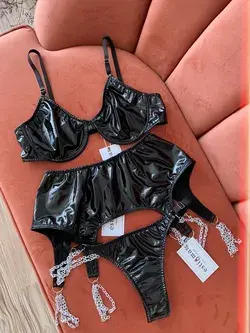 Eco leather lingerie, Black lingerie, Latex lingerie, BDSM lingerie, Chain lingerie, Sexy lingerie, Special lingerie - 36A/S/M