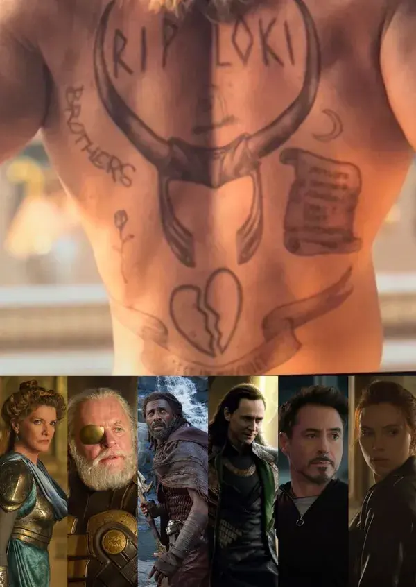 Thor’s tattoo and all of his fallen family mentioned on the scroll 📜  #ThorLoveAndThunder