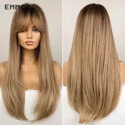 Emmor Synthetic Hair Wigs with Bangs Long Straight Wigs for Women Heat Resistant Ombre Black Brown Golden Blonde Cosplay Wigs - EM308-1