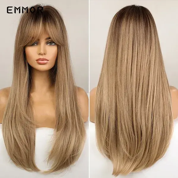Emmor Synthetic Hair Wigs with Bangs Long Straight Wigs for Women Heat Resistant Ombre Black Brown Golden Blonde Cosplay Wigs - EM308-1