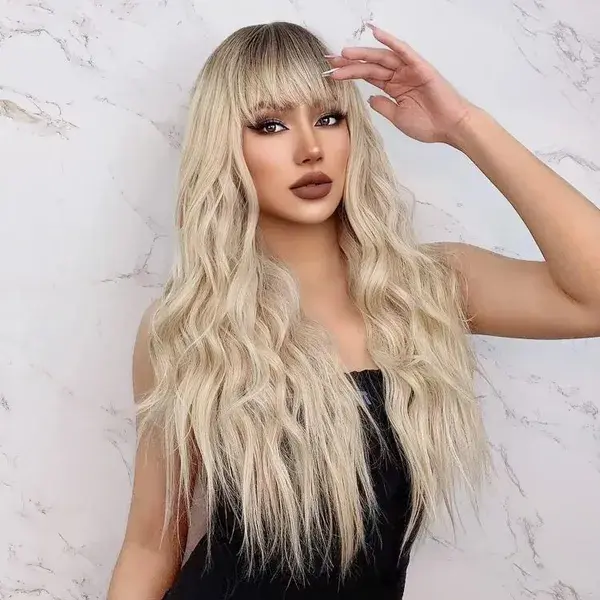 ORSUNCER Long Curly Wavy Synthetic Hair Wigs with Bangs for Women Ombre Cool Bro 7441103