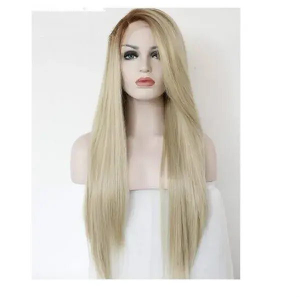 Ombre Heat Resistant Hair Straight Wigs Dark Roots Light Blonde None Lace Wigs