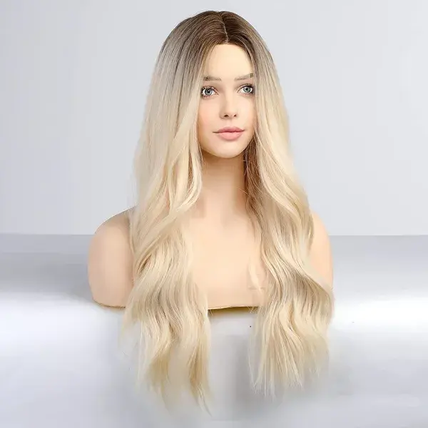 Platinum Blonde Brown Roots Middle Part Lace Front Wig