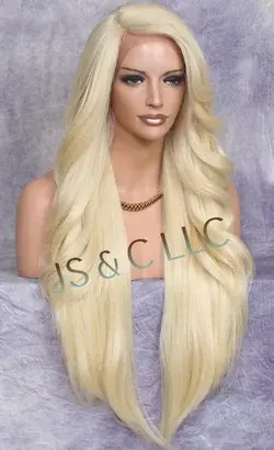 "40" Extra long Human Hair BlendFull Lace Front wig Romantic Straight and bangs Pale Blonde natural mono side part Heat Safe"